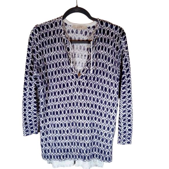 Loft Top Women Medium Tie Neck Cotton Knit Blouse Side Slits Blue White Tunic - Picture 5 of 11